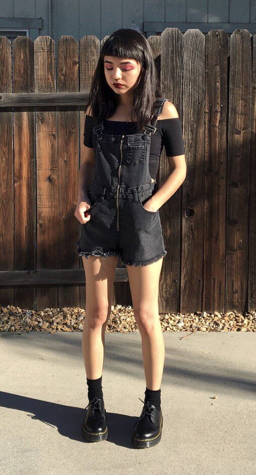 Off-the-shoulder crop top with black overalls & Dr Martens boots by lilcrybaaby