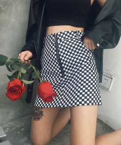 Zipper Ring Checkerboard Mini Skirt