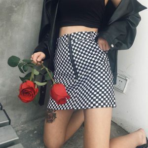 Zipper Ring Checkerboard Mini Skirt