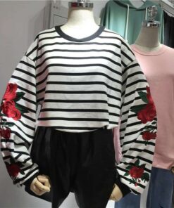Striped Loose Sleeves Roses Sweatshirt 1