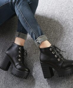 Black High Heels Lacing Platform Ankle Boots 6