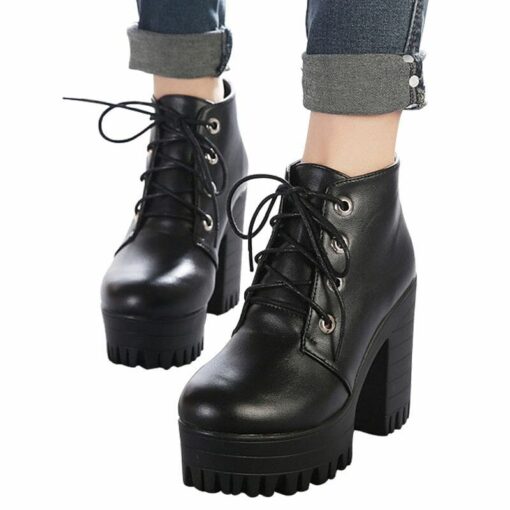 Black High Heels Lacing Platform Ankle Boots 7