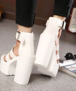 Thick Heels Open Toe Button Belt Shoes White Back