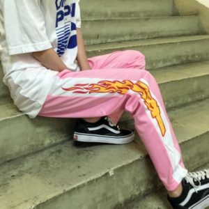 Elastic Flame Printed Pants Pink