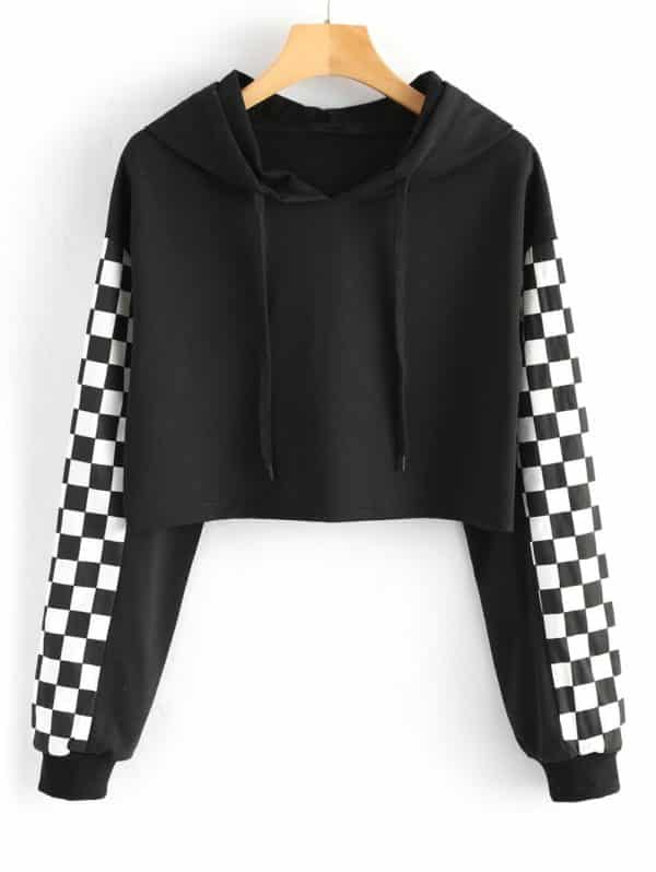 Checkerboard Sleeves Cropped Sweatshirt