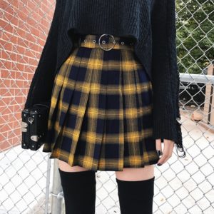 High Waist Gold & Black Plaid Mini Skirt