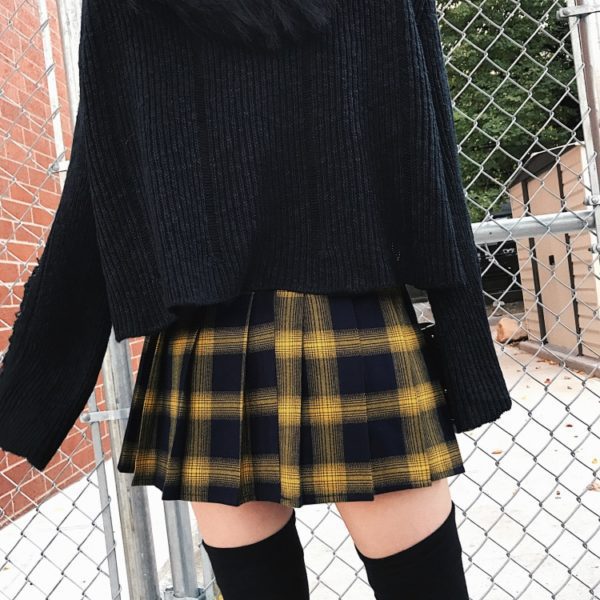 High Waist Gold & Black Plaid Mini Skirt Back