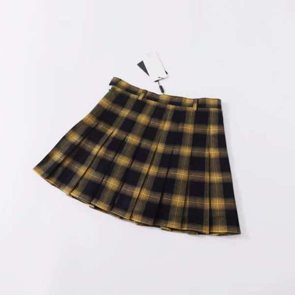 High Waist Gold & Black Plaid Mini Skirt Gold