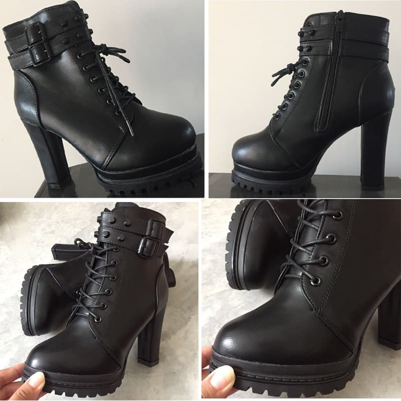 Black Patent Lace Up Platforms Combat High Heels Boots Shoes