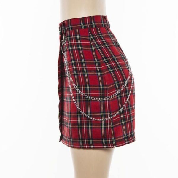 Plaid Mini Skirt with Chains Side