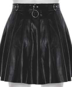 Rivet Pleated Black Skirt with Metal Ring Chain