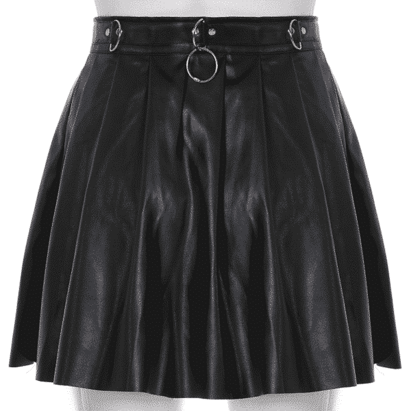 Rivet Pleated Black Skirt with Metal Ring Chain