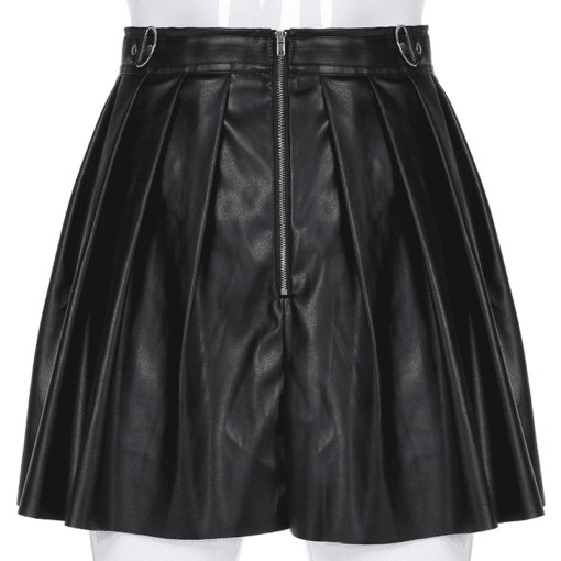 Rivet Pleated Black Skirt with Metal Ring Chain Back