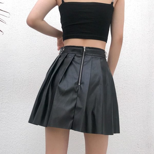 Rivet Pleated Black Skirt with Metal Ring Chain Back