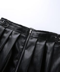 Rivet Pleated Black Skirt with Metal Ring Chain Details