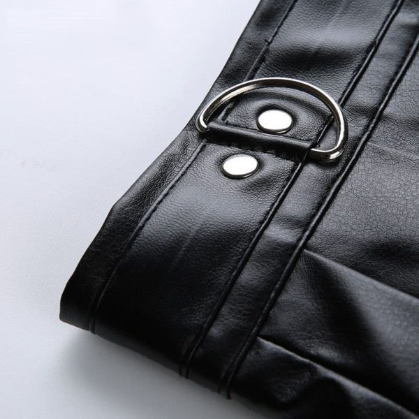 Rivet Pleated Black Skirt with Metal Ring Chain Details Belt