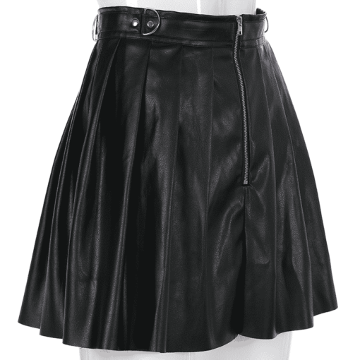 Rivet Pleated Black Skirt with Metal Ring Chain Side