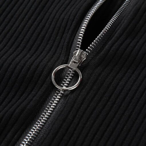 Long Sleeve Bodysuit with Ring Zipper Black Close up