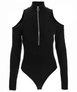 Long Sleeve Bodysuit with Ring Zipper Black Full