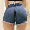 Ripped Denim Shorts with Ring Zipper