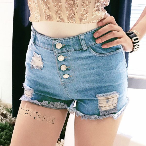 Ripped Denim Shorts with Ring Zipper 3