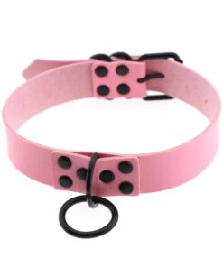 Vegan Leather Choker with Ring Pink