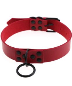 Vegan Leather Choker with Ring Red