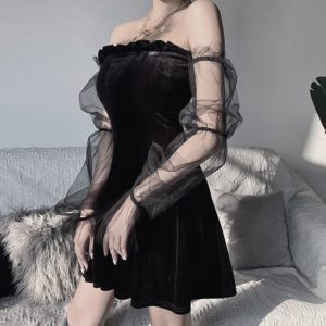 Pleated Gothic Dress with Mesh Sleeves 2