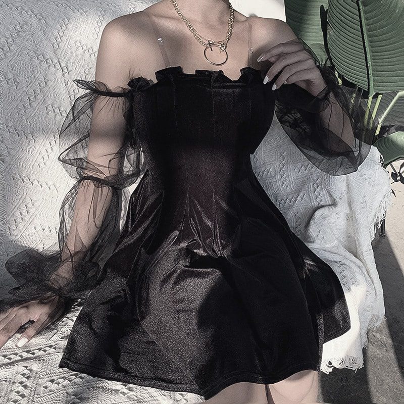 Pleated Gothic Dress with Mesh Sleeves