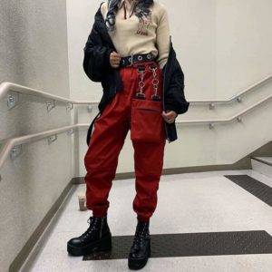 Red Cargo Pants with Chains Pocket