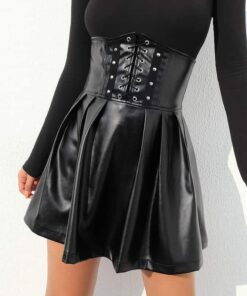 Vegan Leather Lace-up Pleated Skirt