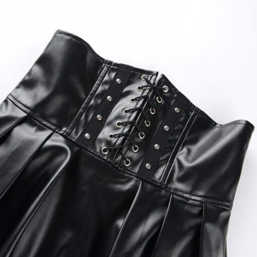 Vegan Leather Lace-up Pleated Skirt Details