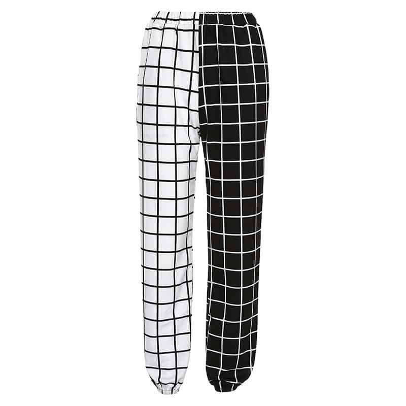 black and white plaid trousers