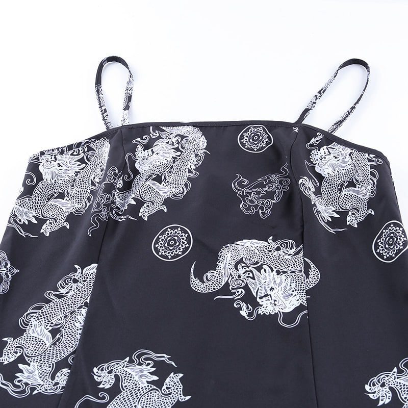 Black Slip Dress with White Dragons - Ninja Cosmico