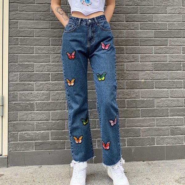 Denim Pants with Colored Butterflies
