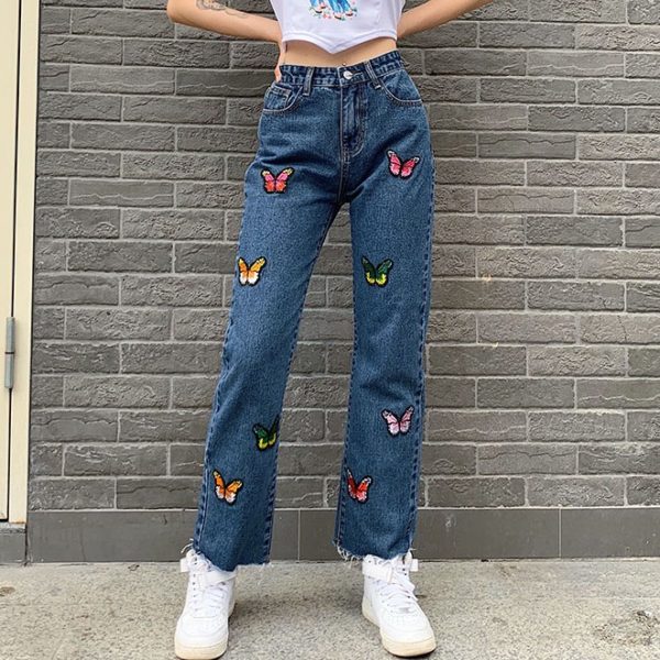 Denim Pants with Colored Butterflies