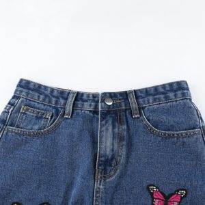 Denim Pants with Colored Butterflies Details