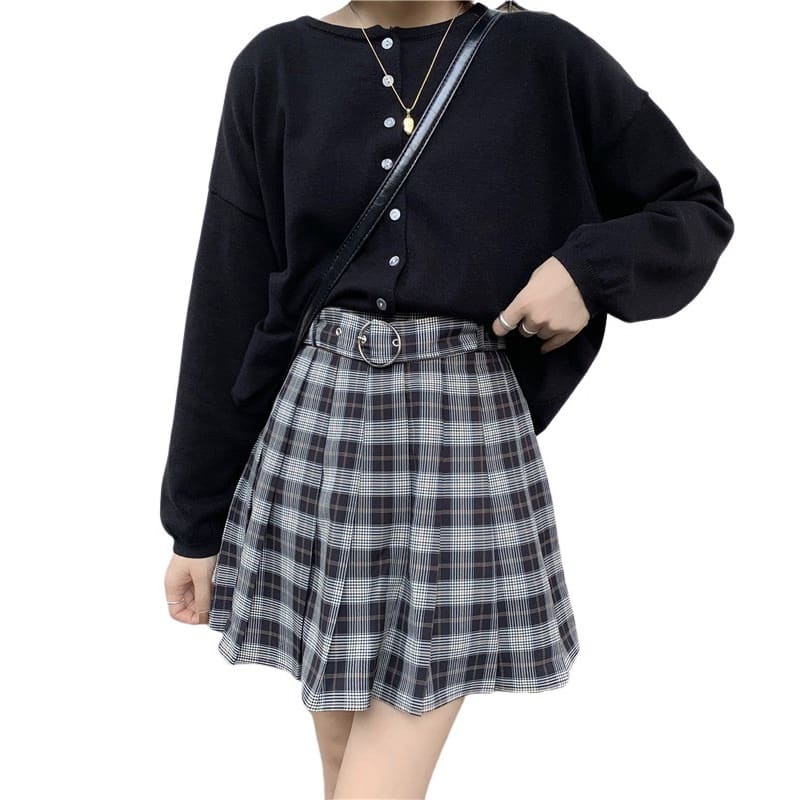 Pleated Plaid Mini Skirt with Ring Belt