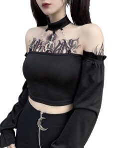 Long Sleeve Crop Top with Triple Chains Choker 2