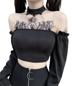 Long Sleeve Crop Top with Triple Chains Choker