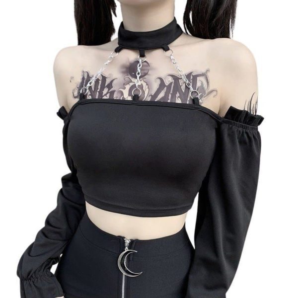 Long Sleeve Crop Top with Triple Chains Choker