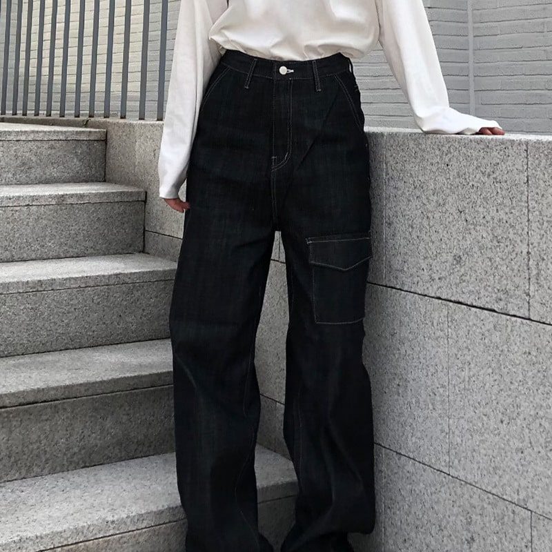 High Waist Black Trousers with White Stitches - Ninja Cosmico