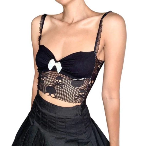 Skull Mesh Camisole with Bow