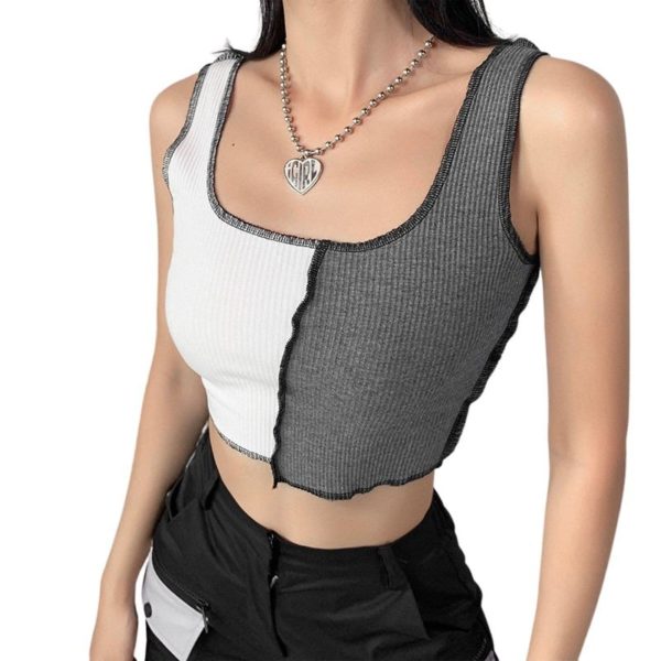 White & Gray Knitted Patchwork Tank Top 2