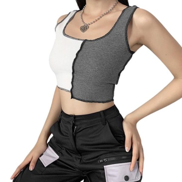White & Gray Knitted Patchwork Tank Top 5