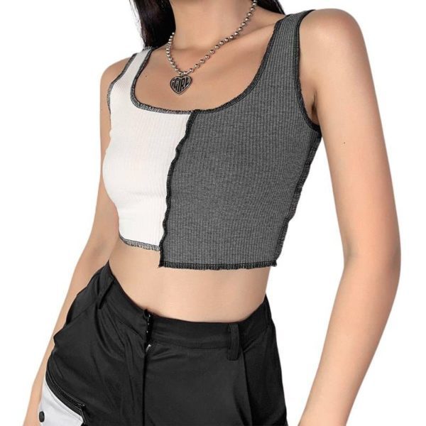White & Gray Knitted Patchwork Tank Top
