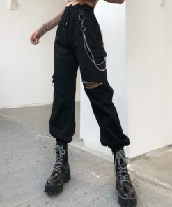 Cargo Pants with Knee Zipper and Waist Chains 01