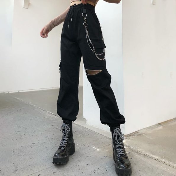 Cargo Pants with Knee Zipper and Waist Chains - Ninja Cosmico