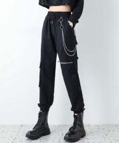 Cargo Pants with Knee Zipper and Waist Chains