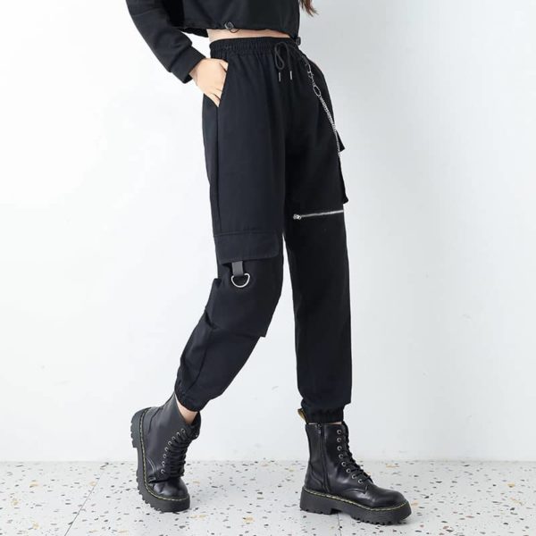 Cargo Pants with Knee Zipper and Waist Chains 3